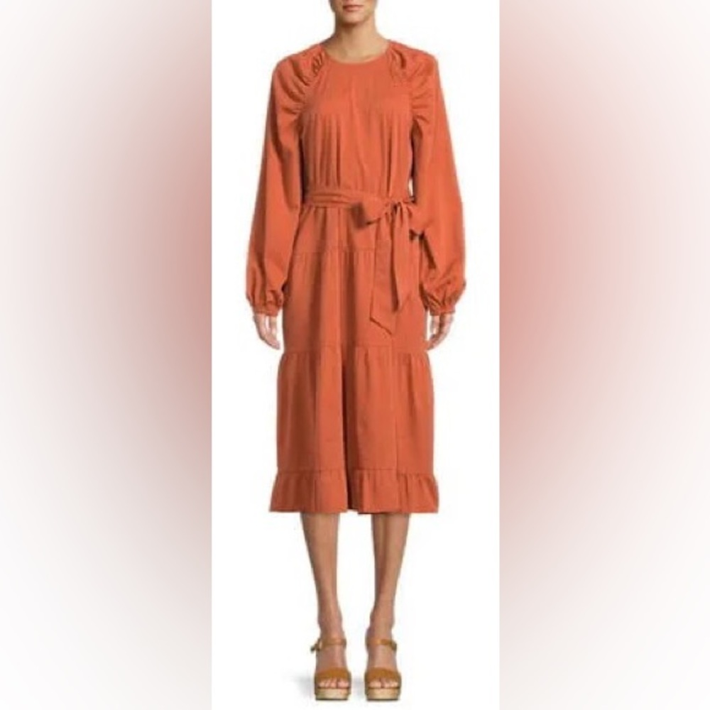 The Get Dramatic Tiered Dress Long Sleeve Brown Clay Tie Waist